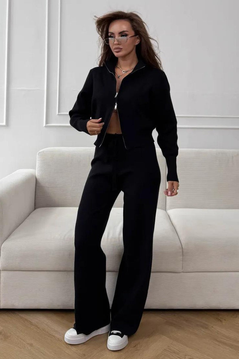 Two-Way Zipper Fitted Knit Commuter Two Piece Set