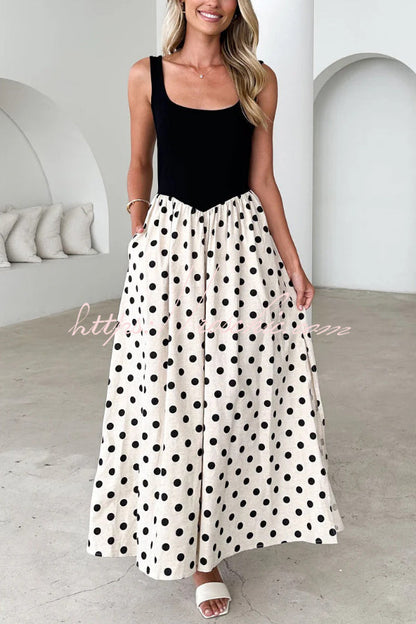Black and White Color-blocked Polka Dot Print Sleeveless Casual Pocket Maxi Dress