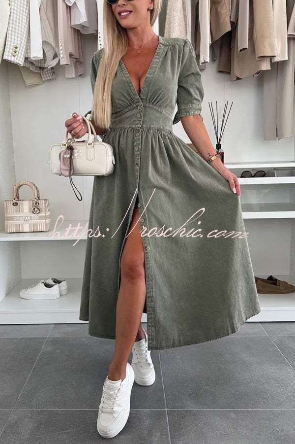 Solid Color V-neck Button-down Denim Midi Dress