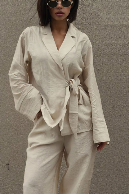 Conjunto de cárdigan con nudo frontal y pantalón holgado de dos piezas