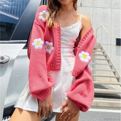 Big Flower Embroidery Warm Long Sleeve Open Stitch Cardigan