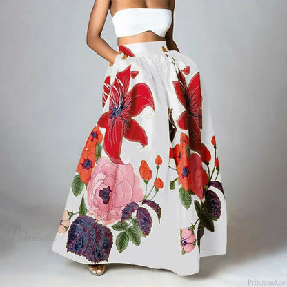 Big Flower Printed A-Line High Waist Long Maxi Skirt