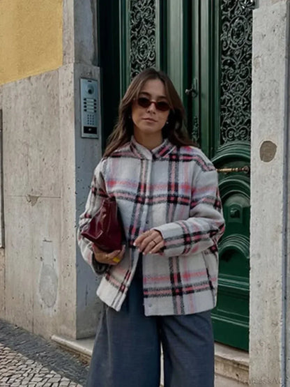 Big Plaid Print Woolen Bomber Coat