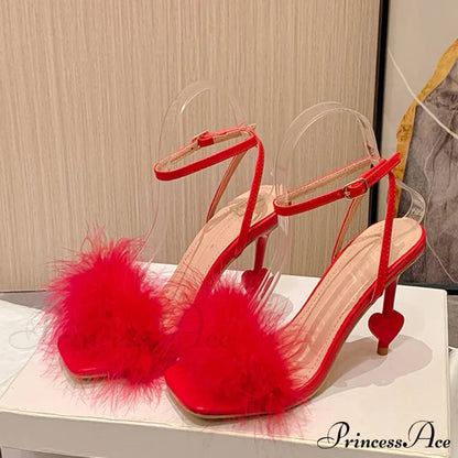 Big Size 42 Sexy Ankle Strap High Heels Fluffy Feather Women Sandals Summer Gladiator Square Toe Party Dress Shoes