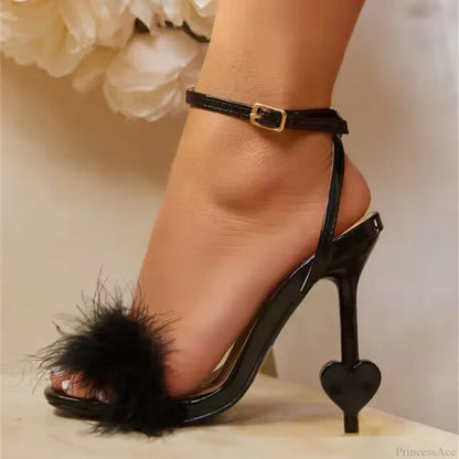 Big-Size 42 Sexy Ankle-Strap Strange High-Heels Fluffy-Feather Sandals Gladiator Square-Toe Party Dress High Heel