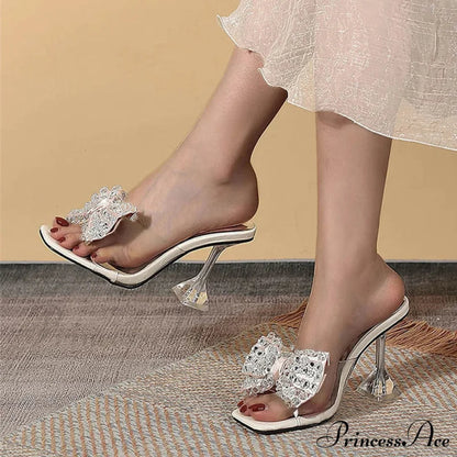 Big Size Women's Clear High Heel Sandals with Crystal Bowknot Square Toe