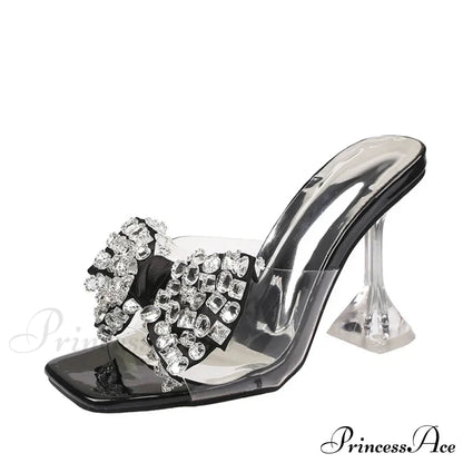 Big Size Women's Clear High Heel Sandals with Crystal Bowknot Square Toe