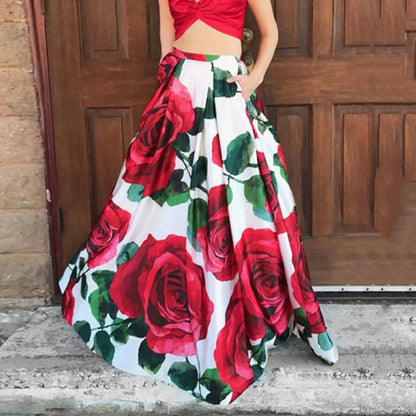 Big Swing Floral Print Long Skirt with Pockets Summer