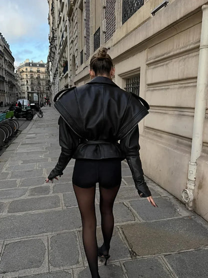 Black Belted Zipper Bomber Leather Coat