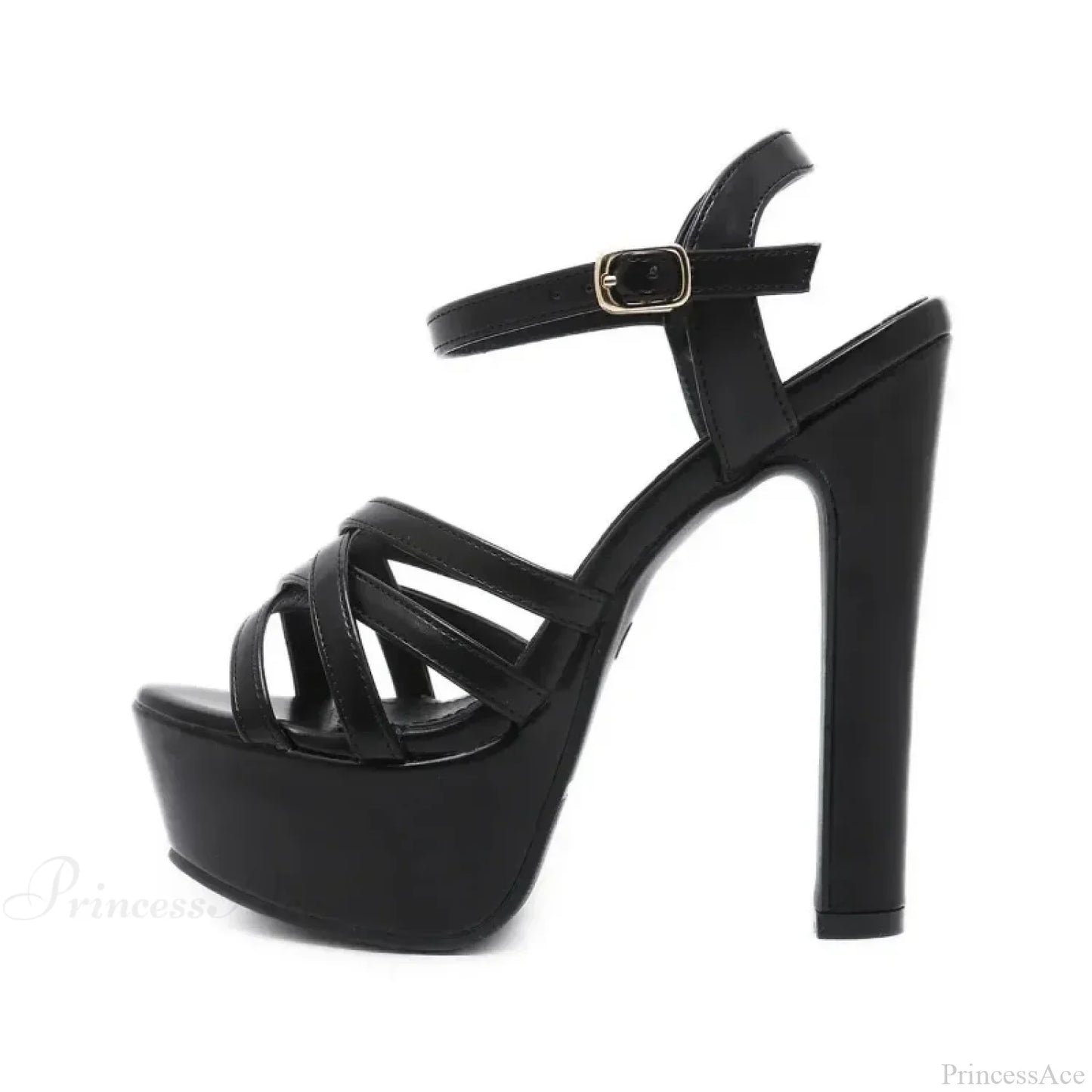 Black/Brown Waterproof Sexy Peep Toe Narrow Band Cross Hollow OutBuckle Strap Thick High Heels Wedding High Heel