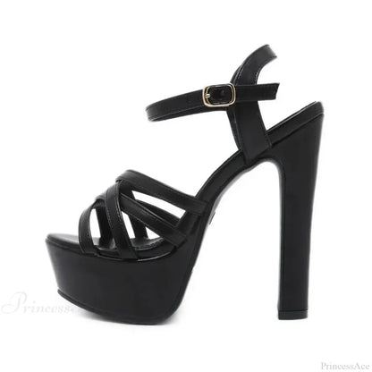 Black/Brown Waterproof Sexy Peep Toe Narrow Band Cross Hollow OutBuckle Strap Thick High Heels Wedding High Heel