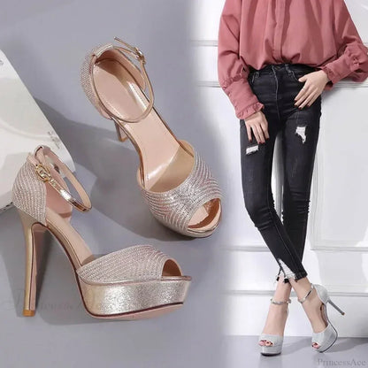 Black/Brown Waterproof Sexy Peep Toe Narrow Band Cross Hollow OutBuckle Strap Thick High Heels Wedding High Heel