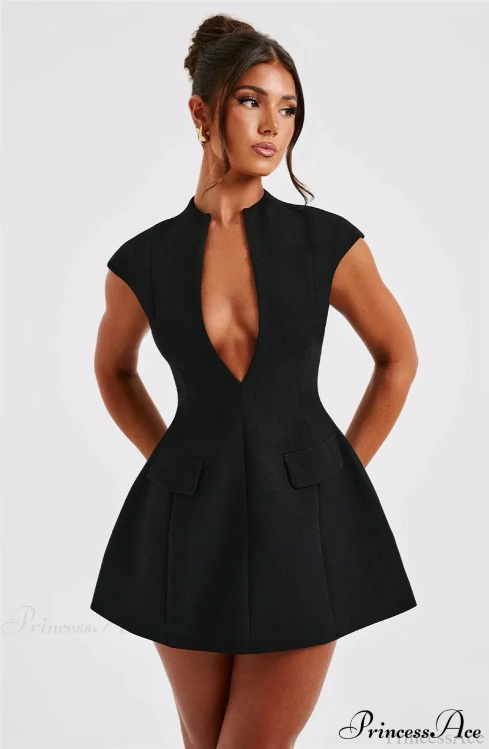 Black Deep Neck Solid Mini Dress