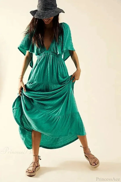 Black Embroidery Round Neck Flare Boho Dress