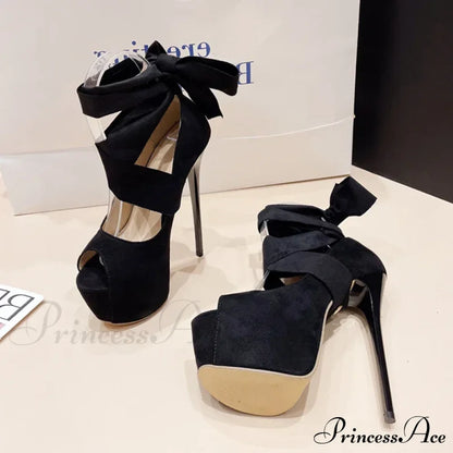 Black High Heels For Women Fashion Ankle Cross Strap Platform Pumps Peep Toe Stiletto Sandals