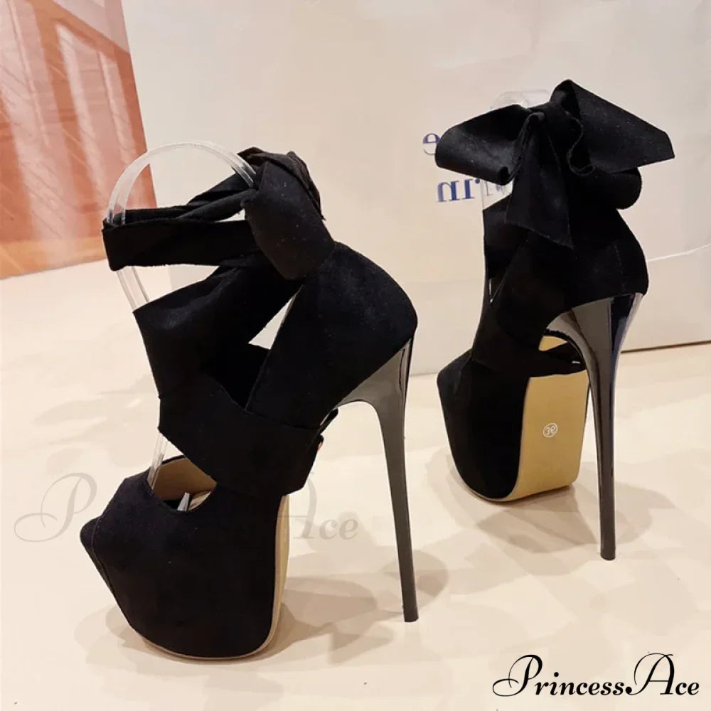 Black High Heels For Women Fashion Ankle Cross Strap Platform Pumps Peep Toe Stiletto Sandals