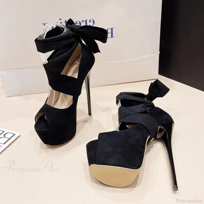 Black High HeelsFashion Ankle-Cross-Strap Platform Pumps Sexy Peep-Toe Party Dress Stiletto High Heel