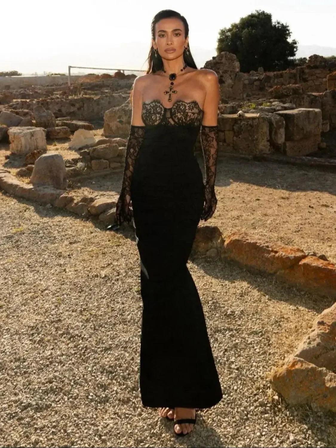 Black Lace Patchwork Strapless Party Dress