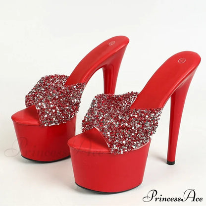 Black Red High Heels Platform Slippers Women Summer Fashion Sequined PVC Transparent Sandals Peep Toe Stripper Shoes