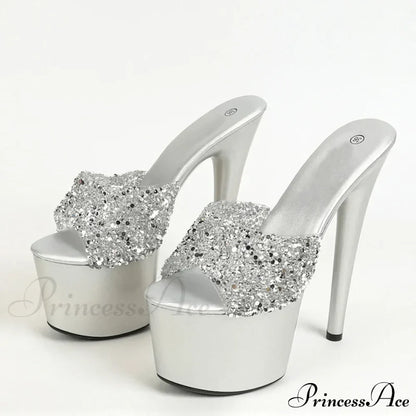 Black Red High Heels Platform Slippers Women Summer Fashion Sequined PVC Transparent Sandals Peep Toe Stripper Shoes
