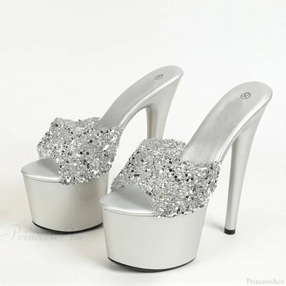 Black Red Sequined Transparent Platform Peep-Toe SexyFashionable Slippers Stripper High Heel