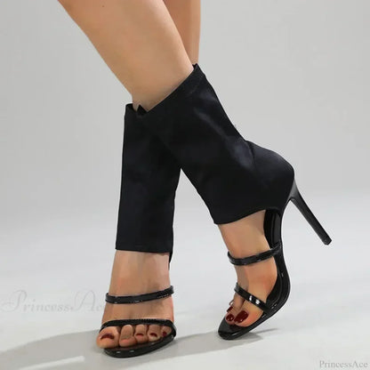 Black Roman Elastic Fabric Sexy Peep Toe Slip-on Thin High Heel Mid Calf Cool Booties Modern High Heel