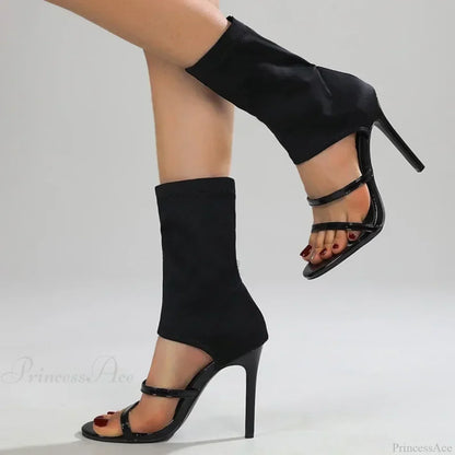 Black Roman Elastic Fabric Sexy Peep Toe Slip-on Thin High Heel Mid Calf Cool Booties Modern High Heel