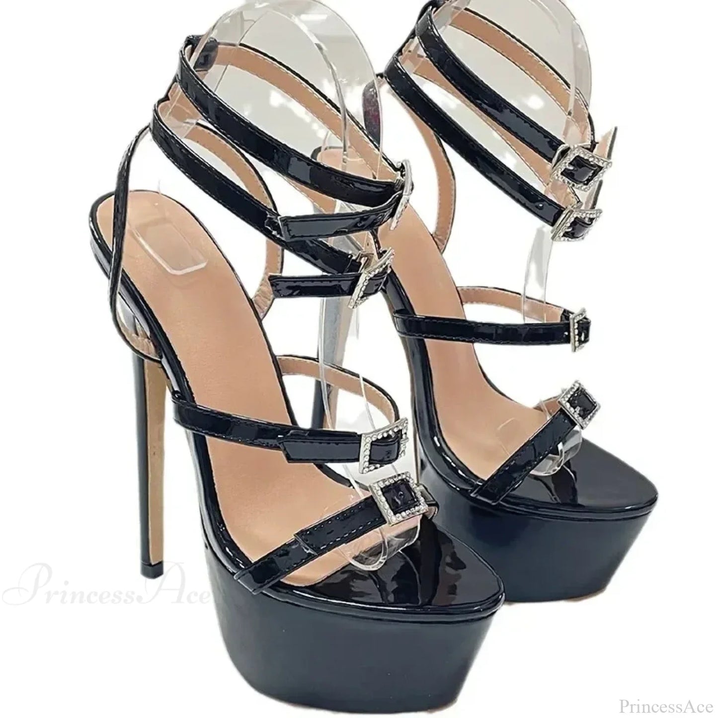 Black Round Head Platform Peep Toe Rhinestone BeltBuckle Strap 16CM Thin High Heels Wedding Banquet High Heel
