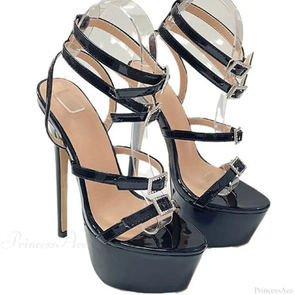 Black Round Head Platform Peep Toe Rhinestone BeltBuckle Strap 16CM Thin High Heels Wedding Banquet High Heel
