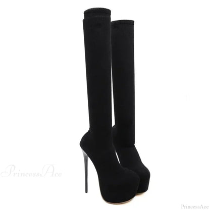 Black Sexy Thigh High Long Socks Boots Pointed Toe 16CM High Heels Platform Slim Elastic High Heel