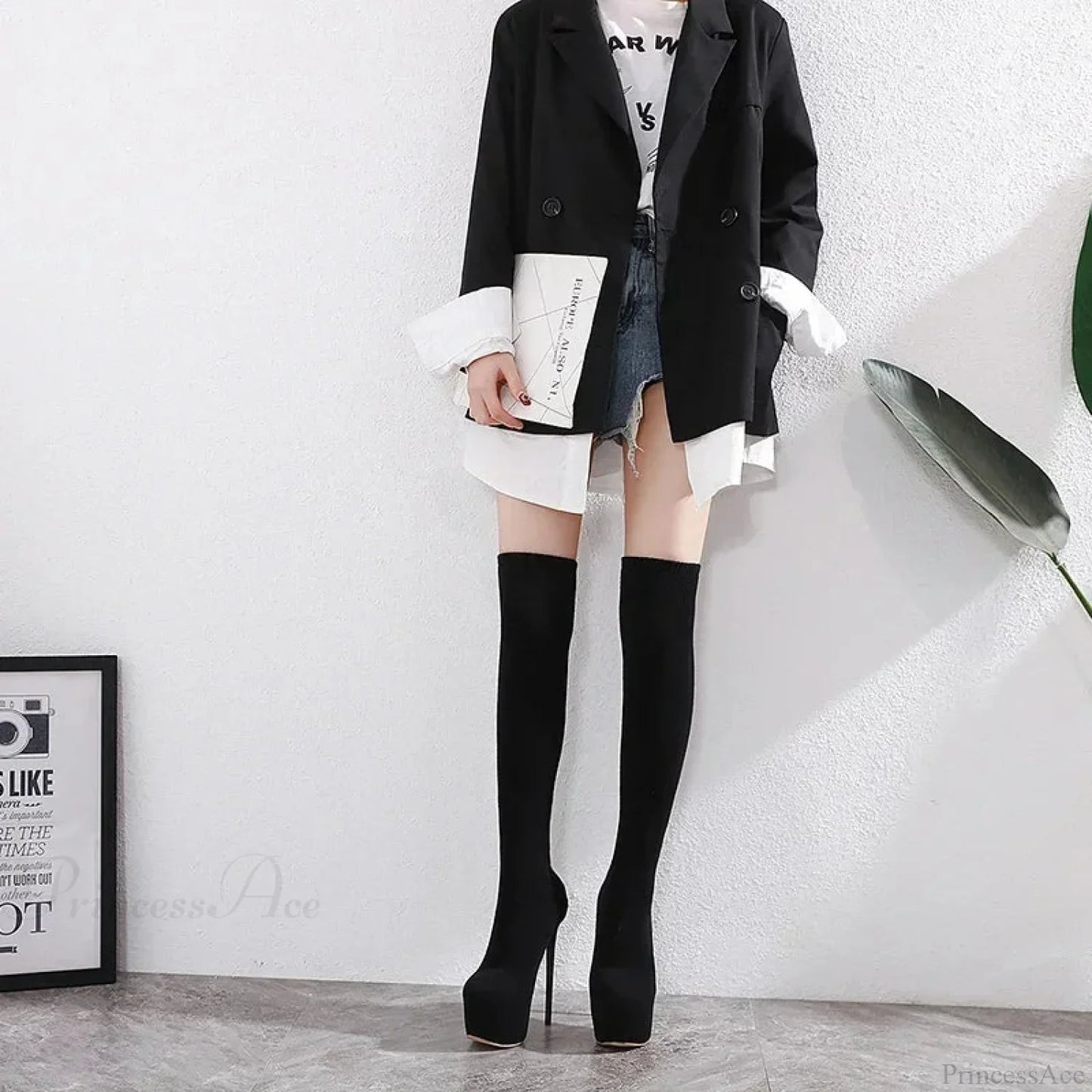 Black Sexy Thigh High Long Socks Boots Pointed Toe 16CM High Heels Platform Slim Elastic High Heel