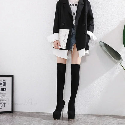 Black Sexy Thigh High Long Socks Boots Pointed Toe 16CM High Heels Platform Slim Elastic High Heel