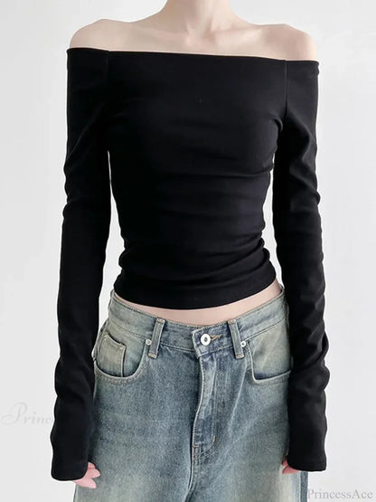Black Slash Neck Elegant Long Sleeve Slim Knit Top