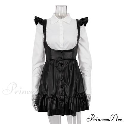 Black-White Contrast Long-Sleeve Skirt Suit