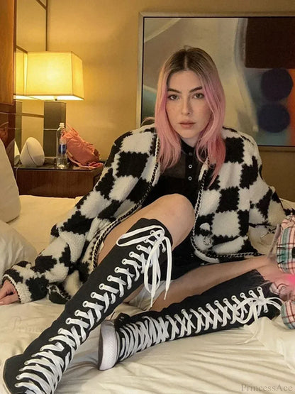 Black White Plaid Cotton Coat