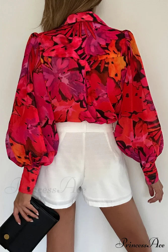 Blouse Lantern Arm Flowered Design in Red