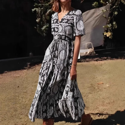 Blue Floral Print Ruffles Sleeve Rayon A-line Beach Maxi Boho Dress