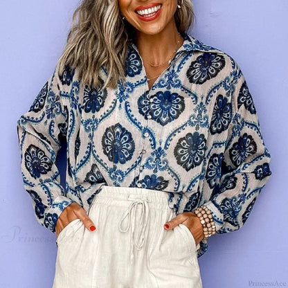 Blue Floral Printed Long Sleeve V-Neck Boho Blouse