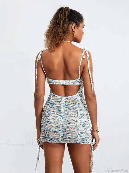 Blue Flowers Print Mini Ruched Bodycon Nightclub Floral Dress