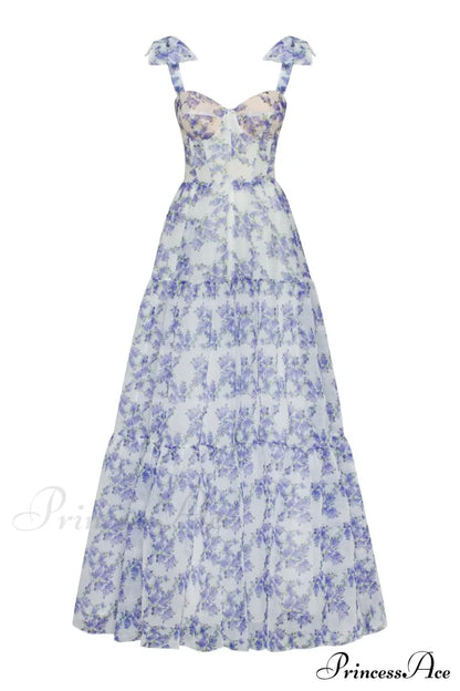 Blue Hydrangea Tender Charming Tie-Strap Maxi Dress