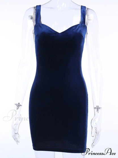 Blue V-Neck Spaghetti Strap Mini Sleeveless Skinny Soft Fashion Slim Bodycon Dress