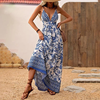 Blue White Porcelain Chiffon Floral Mini Dress