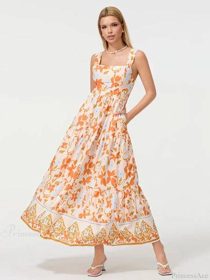 Bohemian Floral Geometric Print Flow Tank Square Neck Sleeveless A-Line Dress