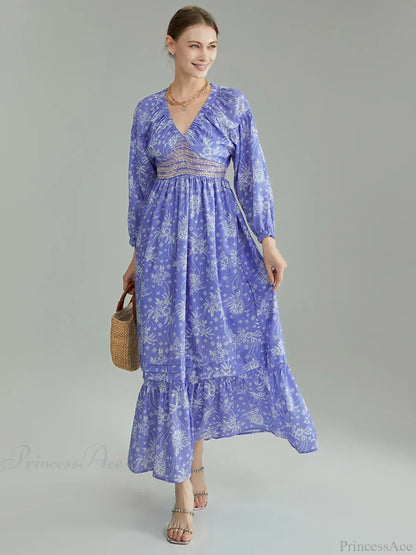 Bohemian Floral Print Puff Sleeve Swing Floral Dress
