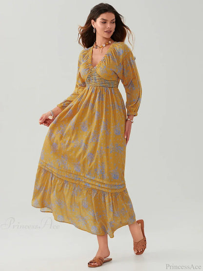 Bohemian Floral Print Puff Sleeve Swing Floral Dress