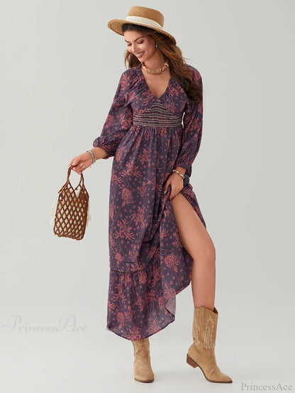 Bohemian Floral Print Puff Sleeve Swing Floral Dress