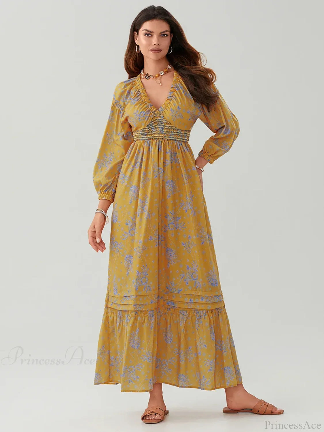 Bohemian Floral Print Puff Sleeve Swing Floral Dress