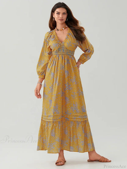Bohemian Floral Print Puff Sleeve Swing Floral Dress