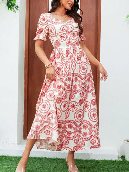 Bohemian High Waist Square Neck Floral Dress