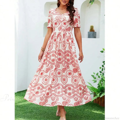 Bohemian High Waist Square Neck Floral Dress